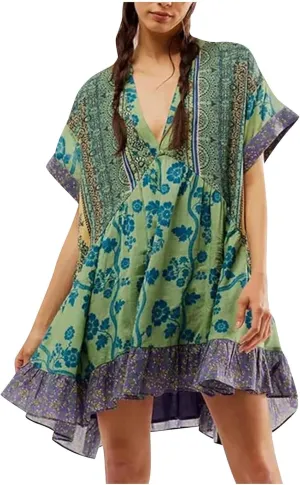 Women Floral Boho Summer Dresses Deep V Neck Short Sleeve Mini Beach Dress Ruffle Flowy Babydoll Short Sun Dress