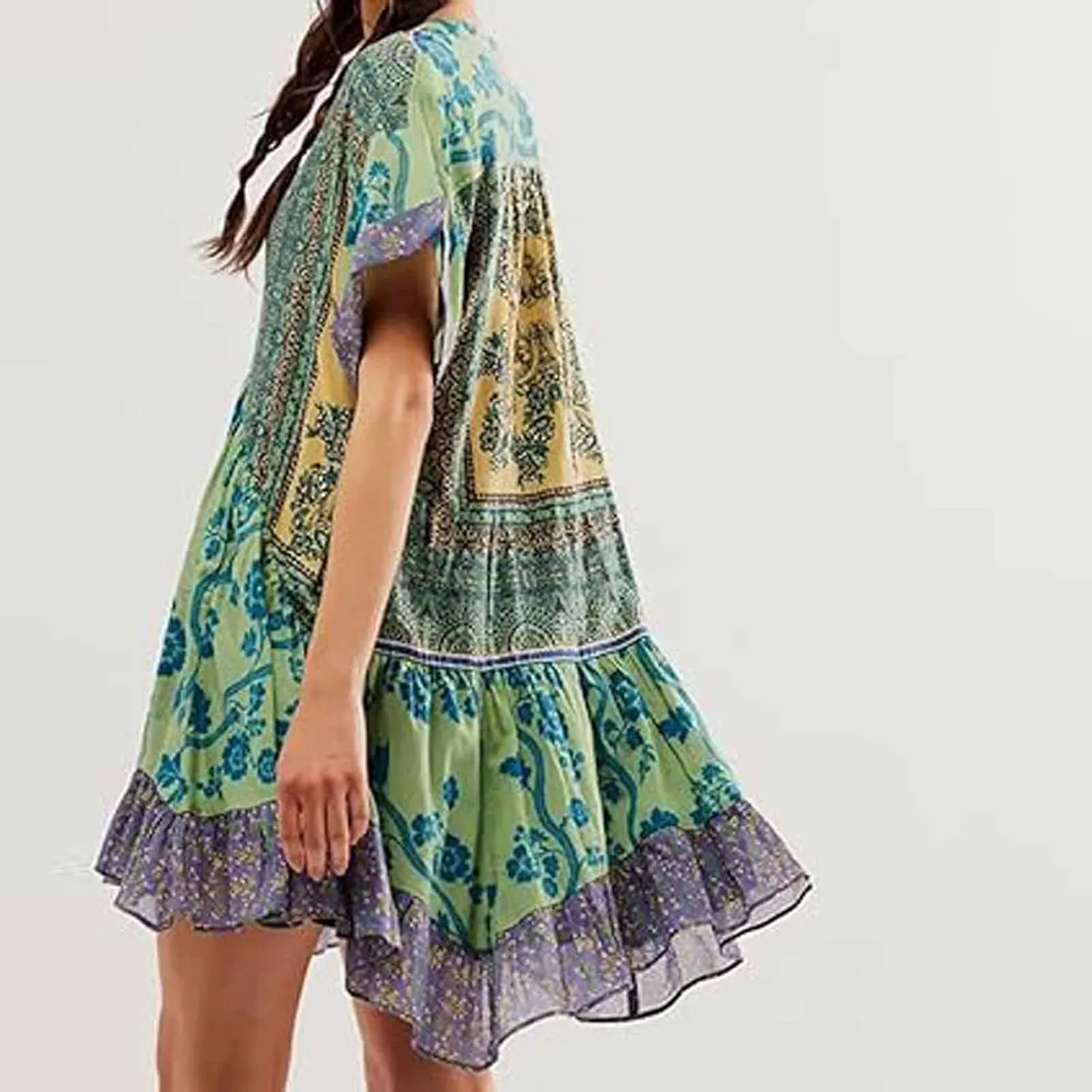 Women Floral Boho Summer Dresses Deep V Neck Short Sleeve Mini Beach Dress Ruffle Flowy Babydoll Short Sun Dress
