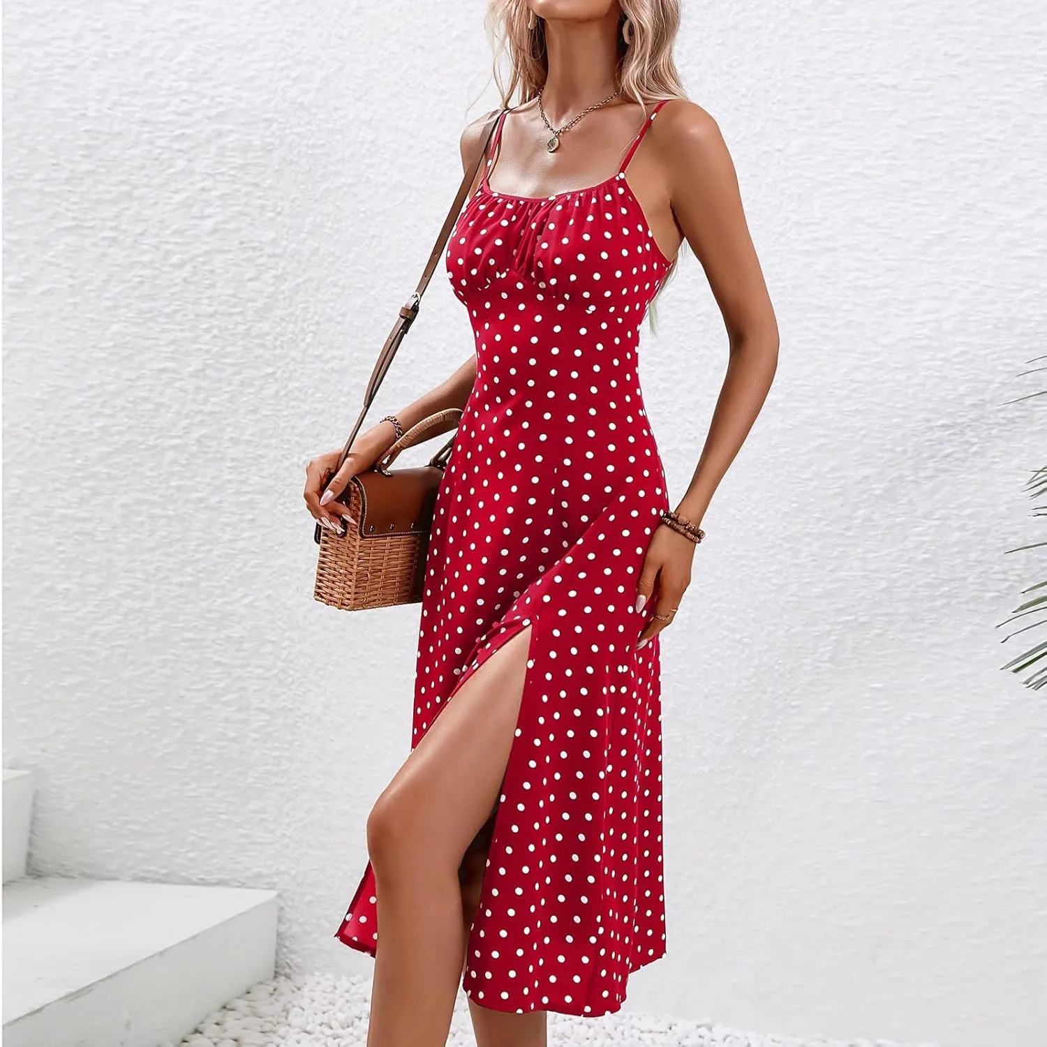 Women Floral Print Spaghetti Strap Tie Front Split Cami Summer Midi Dress Beach Wedding Guest Dresses for Women