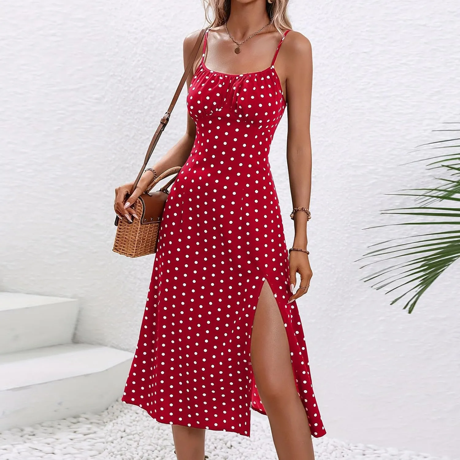 Women Floral Print Spaghetti Strap Tie Front Split Cami Summer Midi Dress Beach Wedding Guest Dresses for Women