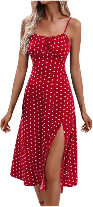 Women Floral Print Spaghetti Strap Tie Front Split Cami Summer Midi Dress Beach Wedding Guest Dresses for Women