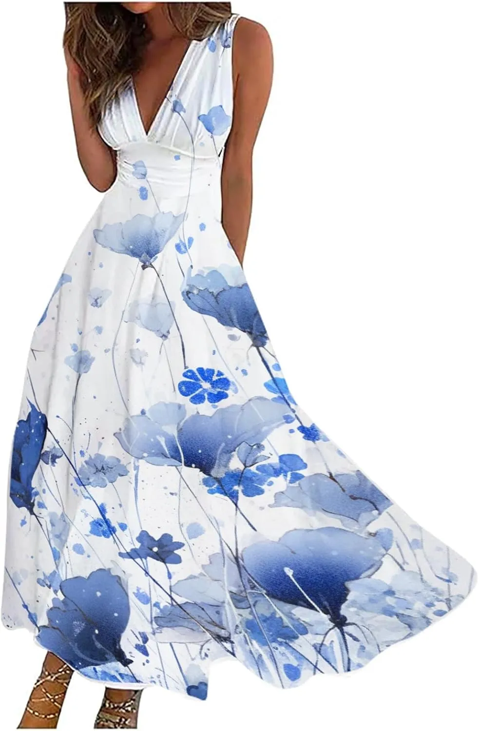 Women Floral Summer Casual Summer Sundress Sleeveless Halter Neck Spring Boho Floral Pocket Elastic Waist Ruffle Mini Dresses