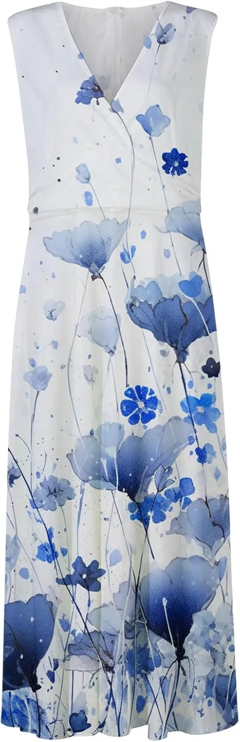 Women Floral Summer Casual Summer Sundress Sleeveless Halter Neck Spring Boho Floral Pocket Elastic Waist Ruffle Mini Dresses