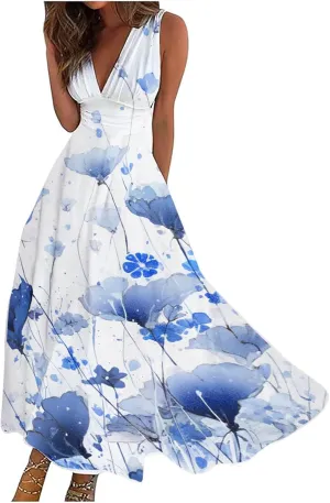 Women Floral Summer Casual Summer Sundress Sleeveless Halter Neck Spring Boho Floral Pocket Elastic Waist Ruffle Mini Dresses