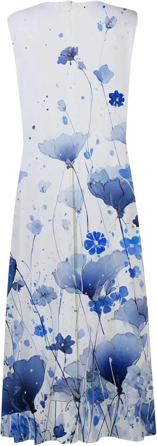 Women Floral Summer Casual Summer Sundress Sleeveless Halter Neck Spring Boho Floral Pocket Elastic Waist Ruffle Mini Dresses