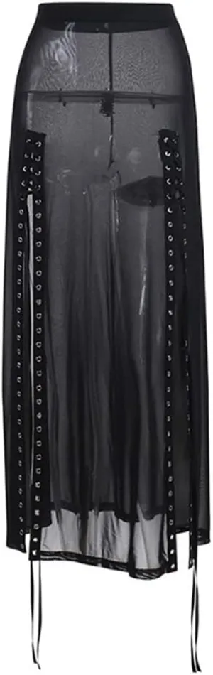 Women Harajuku Punk Gothic Split Long Skirts Eyelet High Waist Hollow Out Skirt Streetwear Summer Night Club
