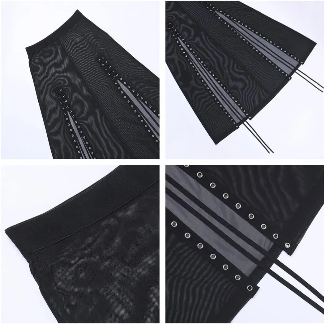 Women Harajuku Punk Gothic Split Long Skirts Eyelet High Waist Hollow Out Skirt Streetwear Summer Night Club