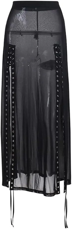 Women Harajuku Punk Gothic Split Long Skirts Eyelet High Waist Hollow Out Skirt Streetwear Summer Night Club