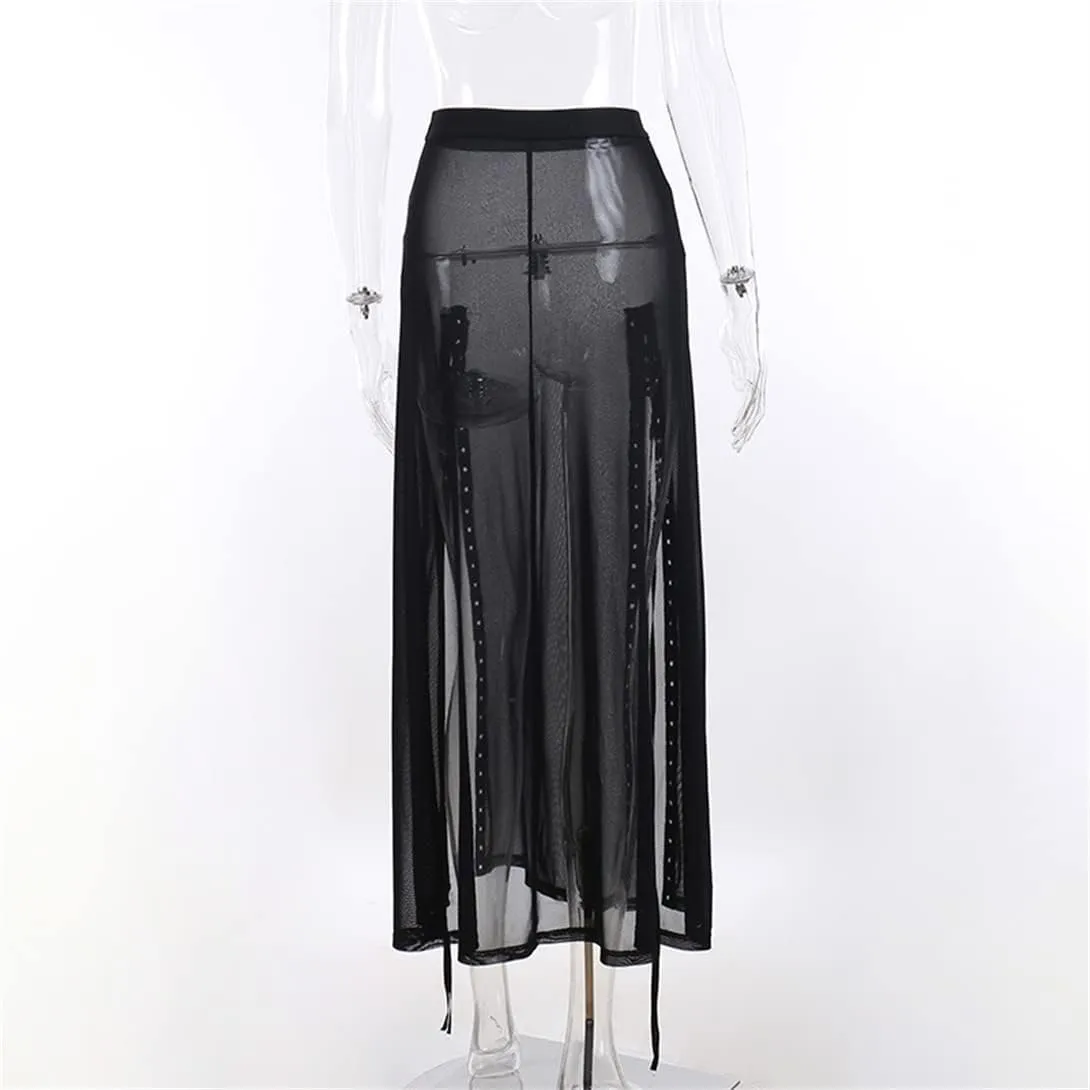 Women Harajuku Punk Gothic Split Long Skirts Eyelet High Waist Hollow Out Skirt Streetwear Summer Night Club