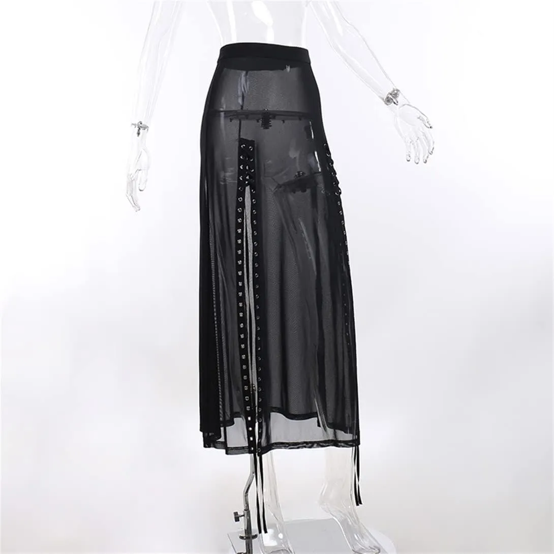 Women Harajuku Punk Gothic Split Long Skirts Eyelet High Waist Hollow Out Skirt Streetwear Summer Night Club