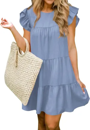 Women Summer Dress Casual Crew Neck Cap Sleeve Ruffle Tiered Babydoll Mini Dresses Solid Color Beach Party Sundress