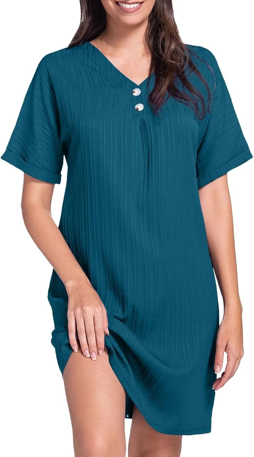 Women Summer Dresses 2024 Button V Neck Cap Sleeve Beach Sundress Casual Swing A Line Short Mini Dress