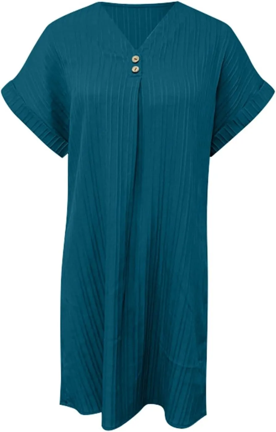 Women Summer Dresses 2024 Button V Neck Cap Sleeve Beach Sundress Casual Swing A Line Short Mini Dress