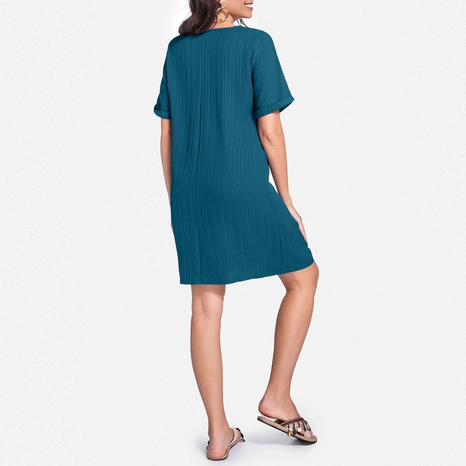 Women Summer Dresses 2024 Button V Neck Cap Sleeve Beach Sundress Casual Swing A Line Short Mini Dress