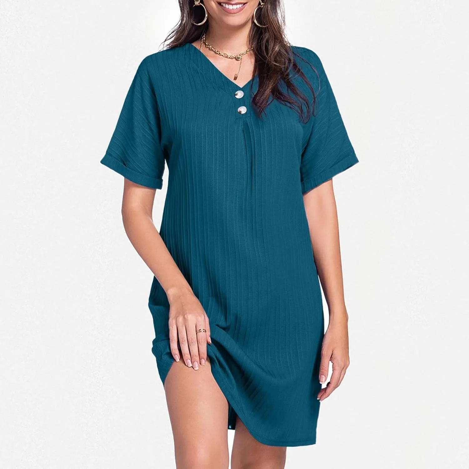 Women Summer Dresses 2024 Button V Neck Cap Sleeve Beach Sundress Casual Swing A Line Short Mini Dress