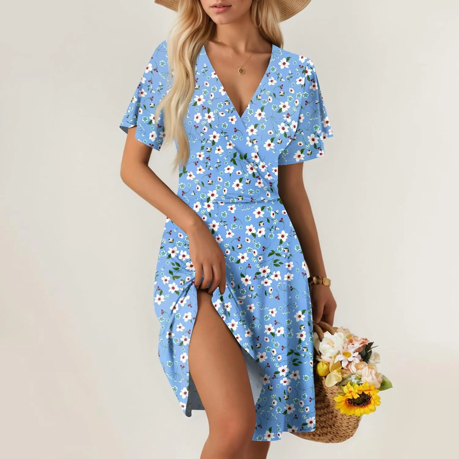 Womens 2025 Floral V-Neck Maxi Dresses Sexy Deep Cut Summer Dress Casual Beach Sundress for Vacation Garden Parties