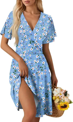 Womens 2025 Floral V-Neck Maxi Dresses Sexy Deep Cut Summer Dress Casual Beach Sundress for Vacation Garden Parties