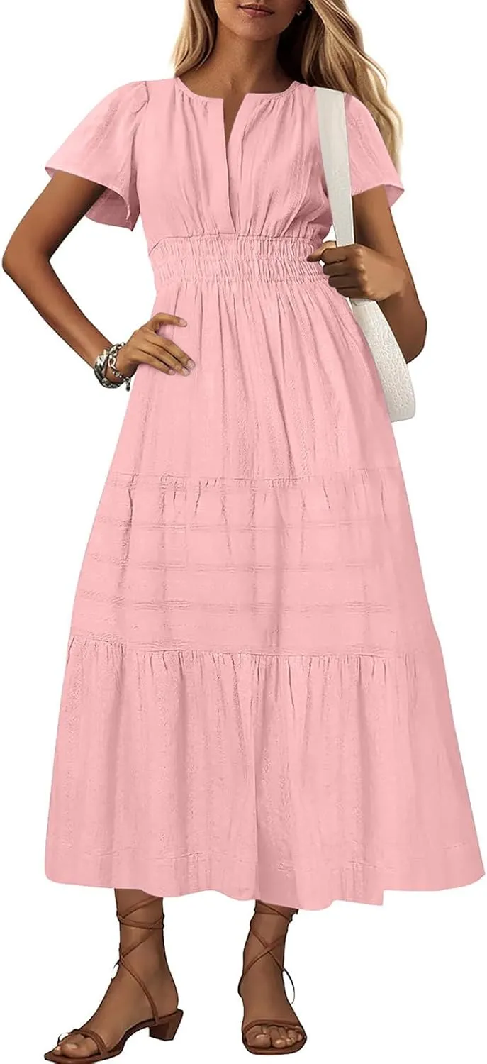 Women's 2025 Summer Short Sleeve V Neck Midi Dress Casual Loose Smocked Elastic Waist Boho Beach Swing Dresses