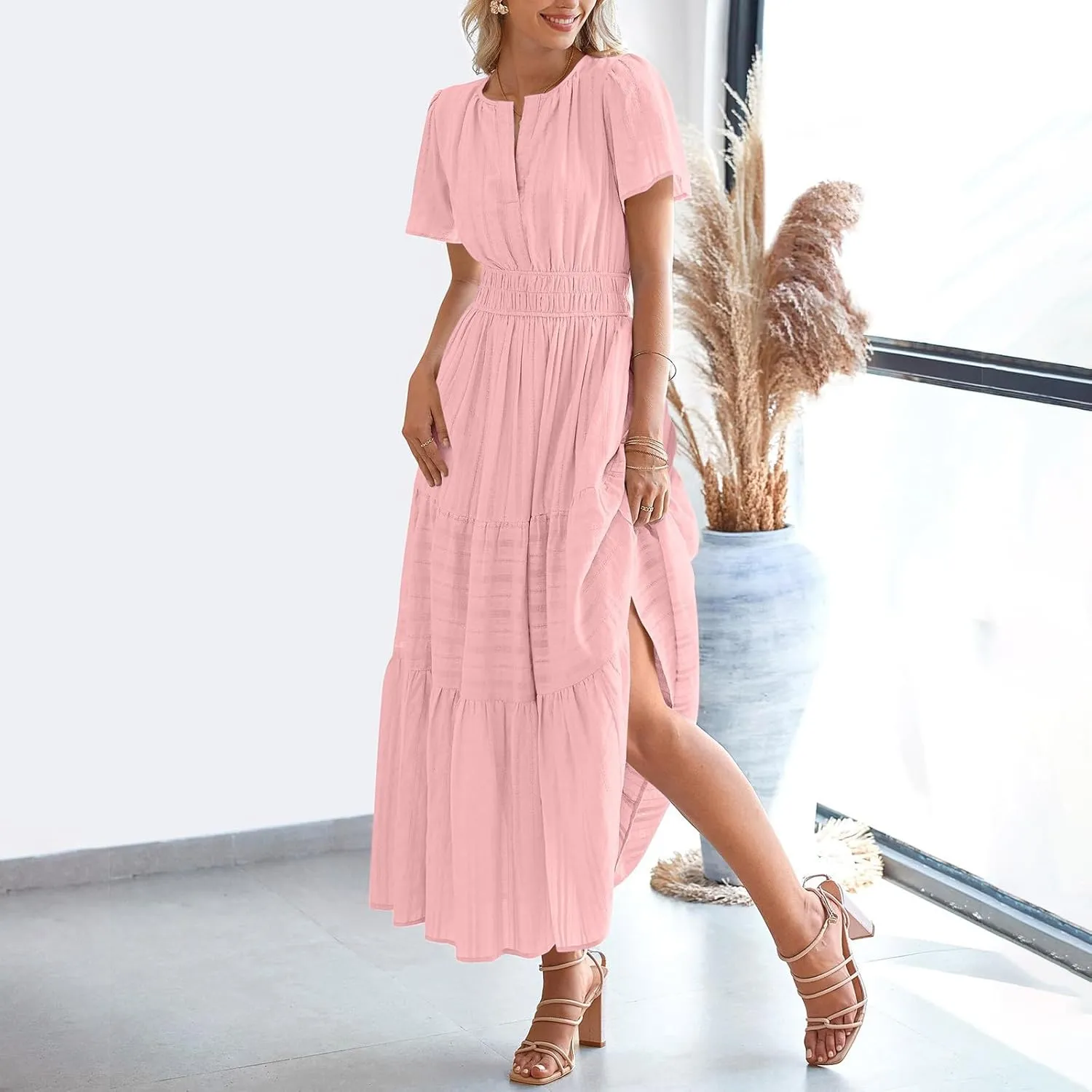 Women's 2025 Summer Short Sleeve V Neck Midi Dress Casual Loose Smocked Elastic Waist Boho Beach Swing Dresses