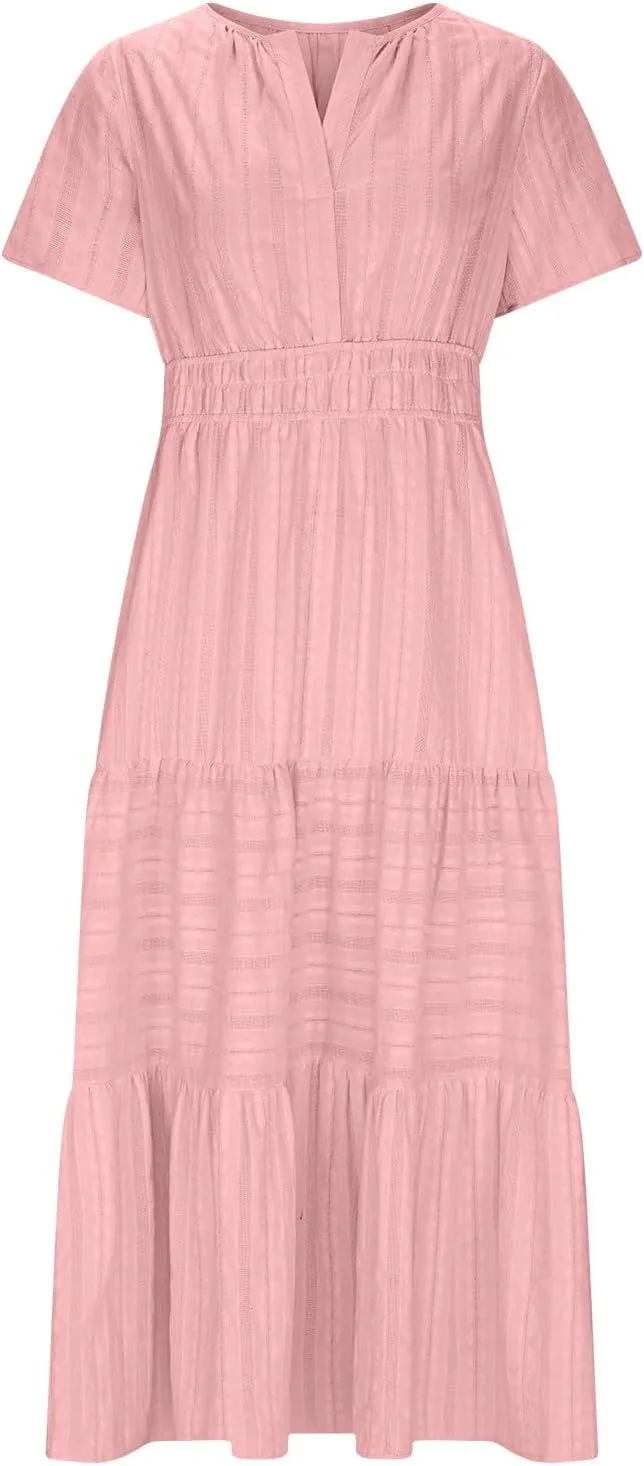 Women's 2025 Summer Short Sleeve V Neck Midi Dress Casual Loose Smocked Elastic Waist Boho Beach Swing Dresses
