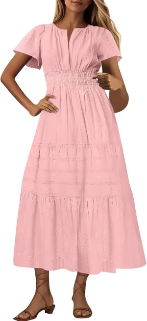 Women's 2025 Summer Short Sleeve V Neck Midi Dress Casual Loose Smocked Elastic Waist Boho Beach Swing Dresses
