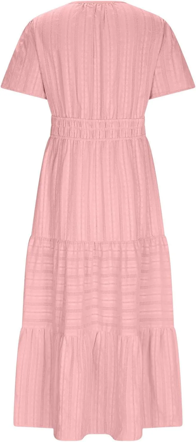 Women's 2025 Summer Short Sleeve V Neck Midi Dress Casual Loose Smocked Elastic Waist Boho Beach Swing Dresses