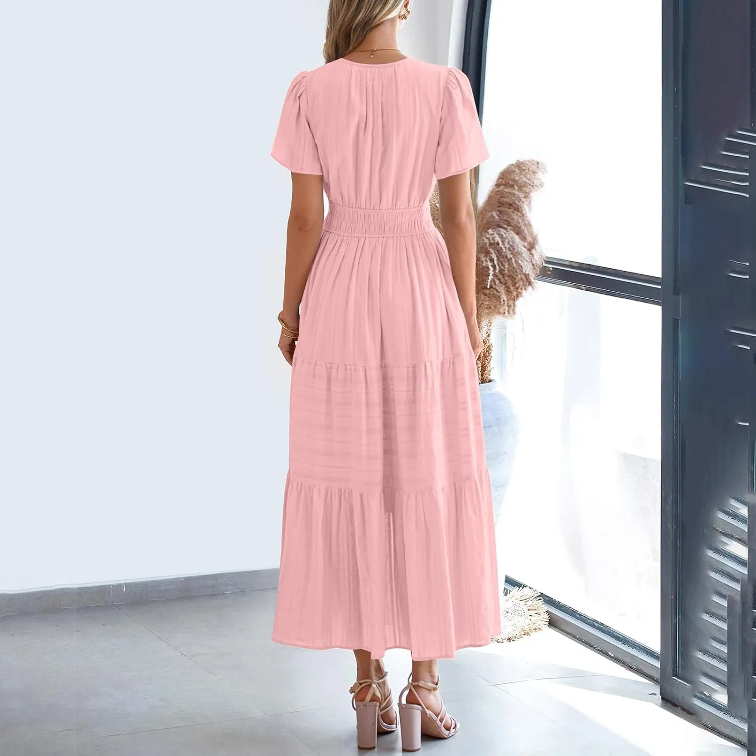 Women's 2025 Summer Short Sleeve V Neck Midi Dress Casual Loose Smocked Elastic Waist Boho Beach Swing Dresses