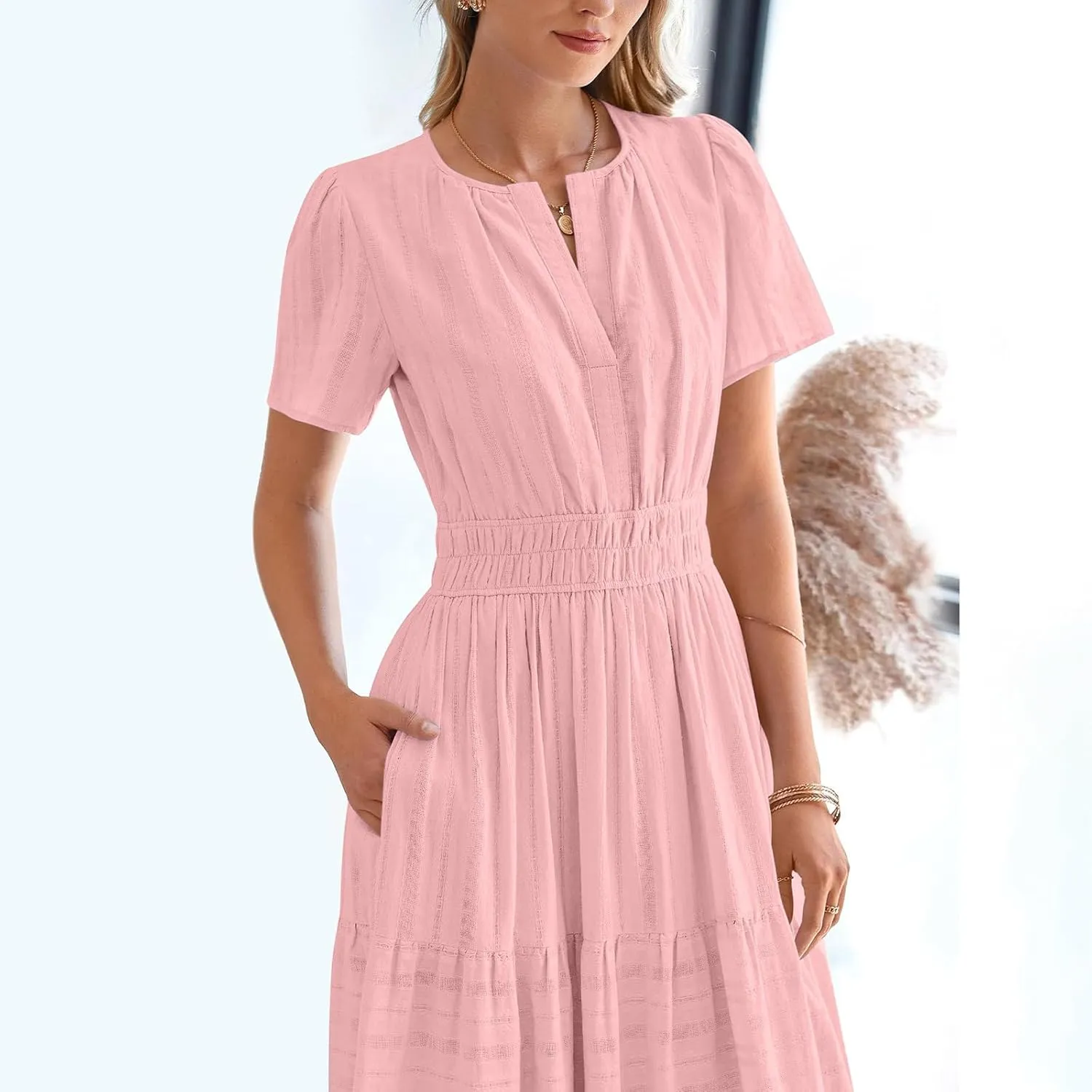Women's 2025 Summer Short Sleeve V Neck Midi Dress Casual Loose Smocked Elastic Waist Boho Beach Swing Dresses
