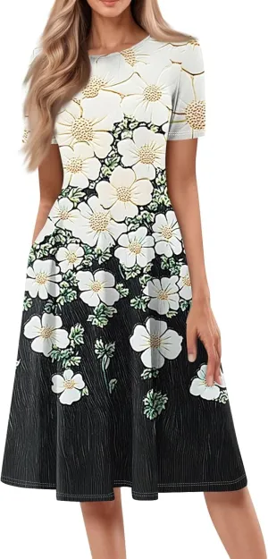 Women's Boho Dress Summer Casual Loose Trendy Short Sleeve Crew Neck Floral Print Midi Dresses 2025 Plus Size, S-3XL