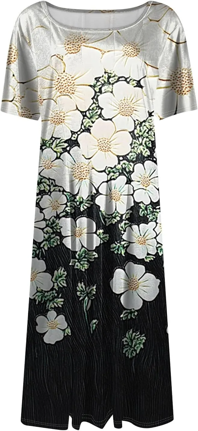 Women's Boho Dress Summer Casual Loose Trendy Short Sleeve Crew Neck Floral Print Midi Dresses 2025 Plus Size, S-3XL