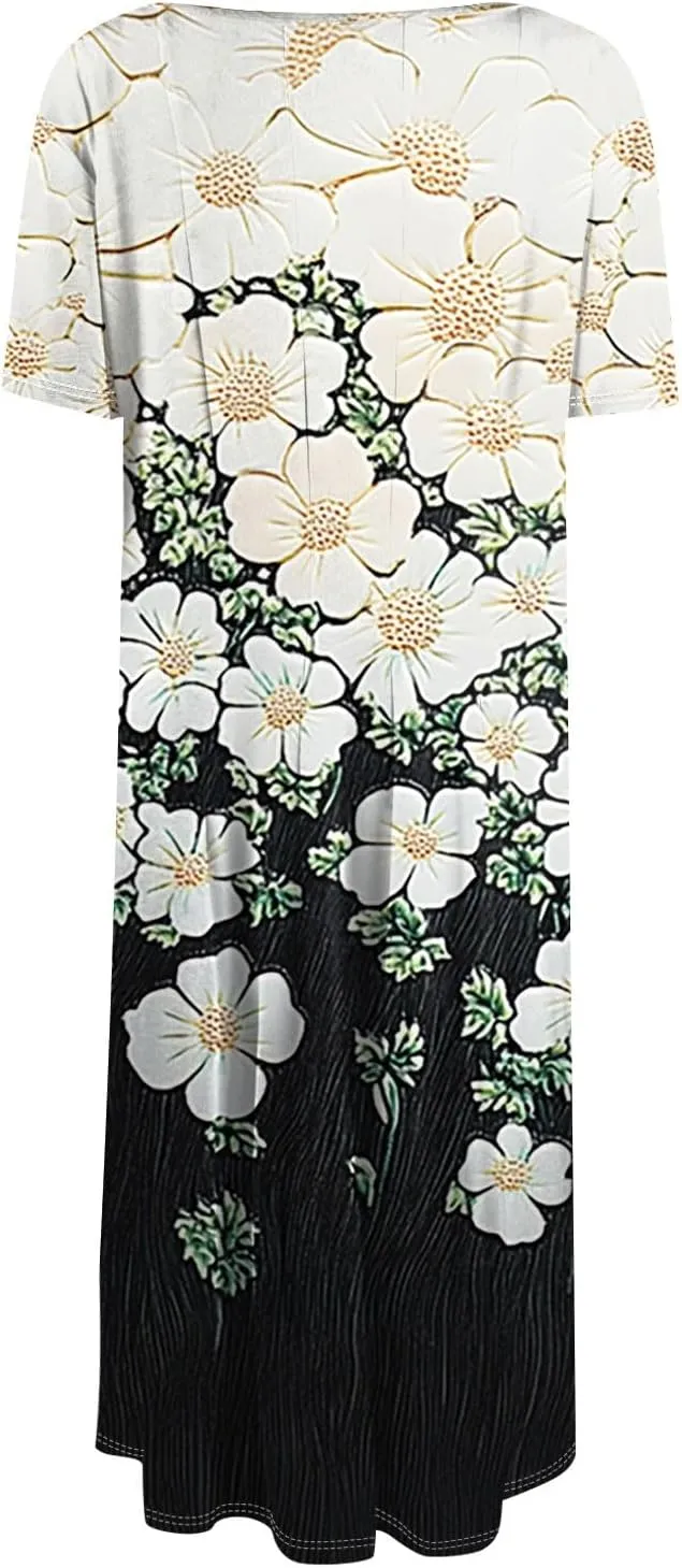 Women's Boho Dress Summer Casual Loose Trendy Short Sleeve Crew Neck Floral Print Midi Dresses 2025 Plus Size, S-3XL
