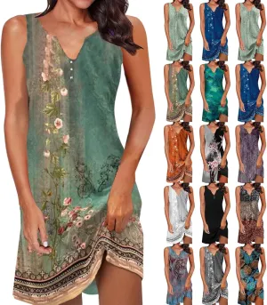 Women's Boho Midi Dress 2024 Summer Casual Sleeveless Button V Neck Trendy Dress Plus Size Floral Sexy Party Dress