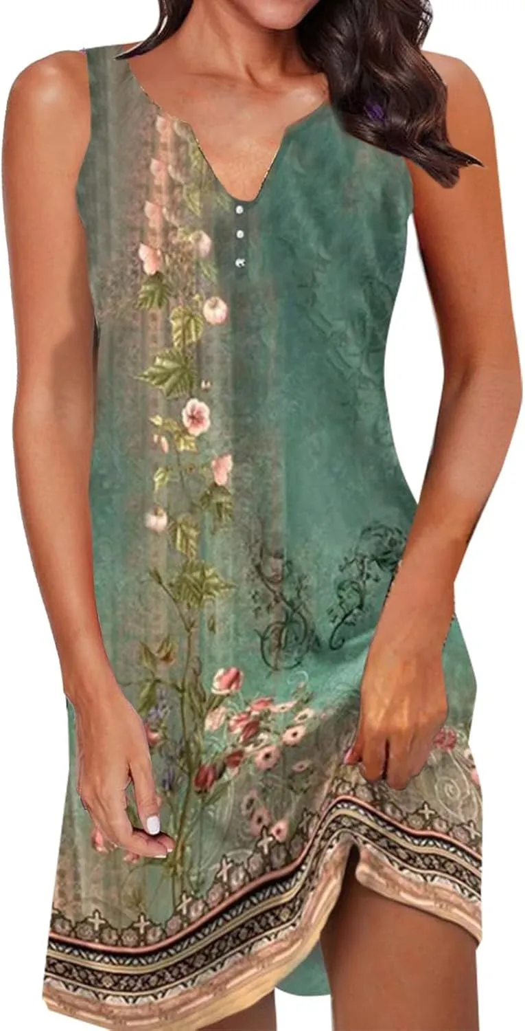 Women's Boho Midi Dress 2024 Summer Casual Sleeveless Button V Neck Trendy Dress Plus Size Floral Sexy Party Dress