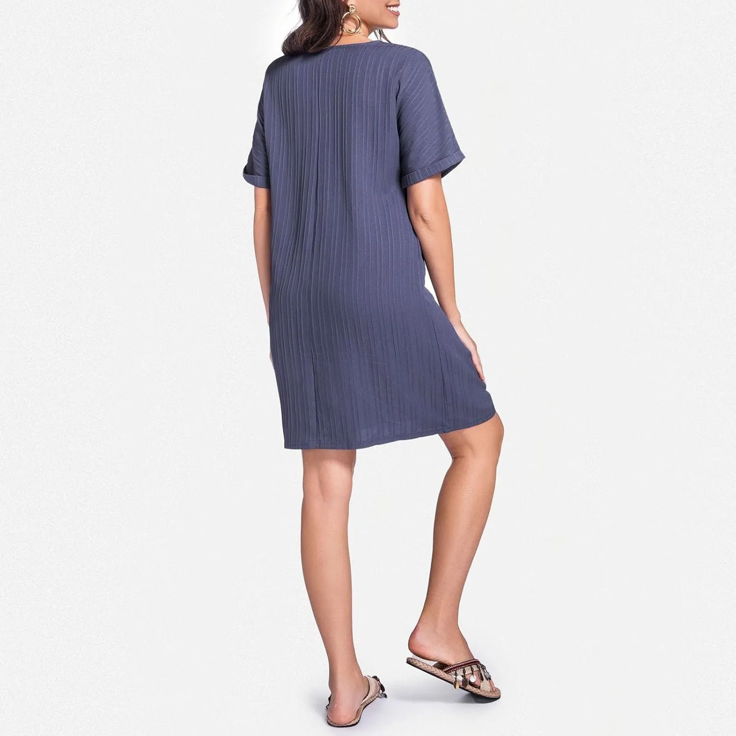 Womens Button Down Shirt Dresses Summer Cotton Linen Dress V-Neck Mini Dress Casual Short Sleeve Loose Tunic Dresses