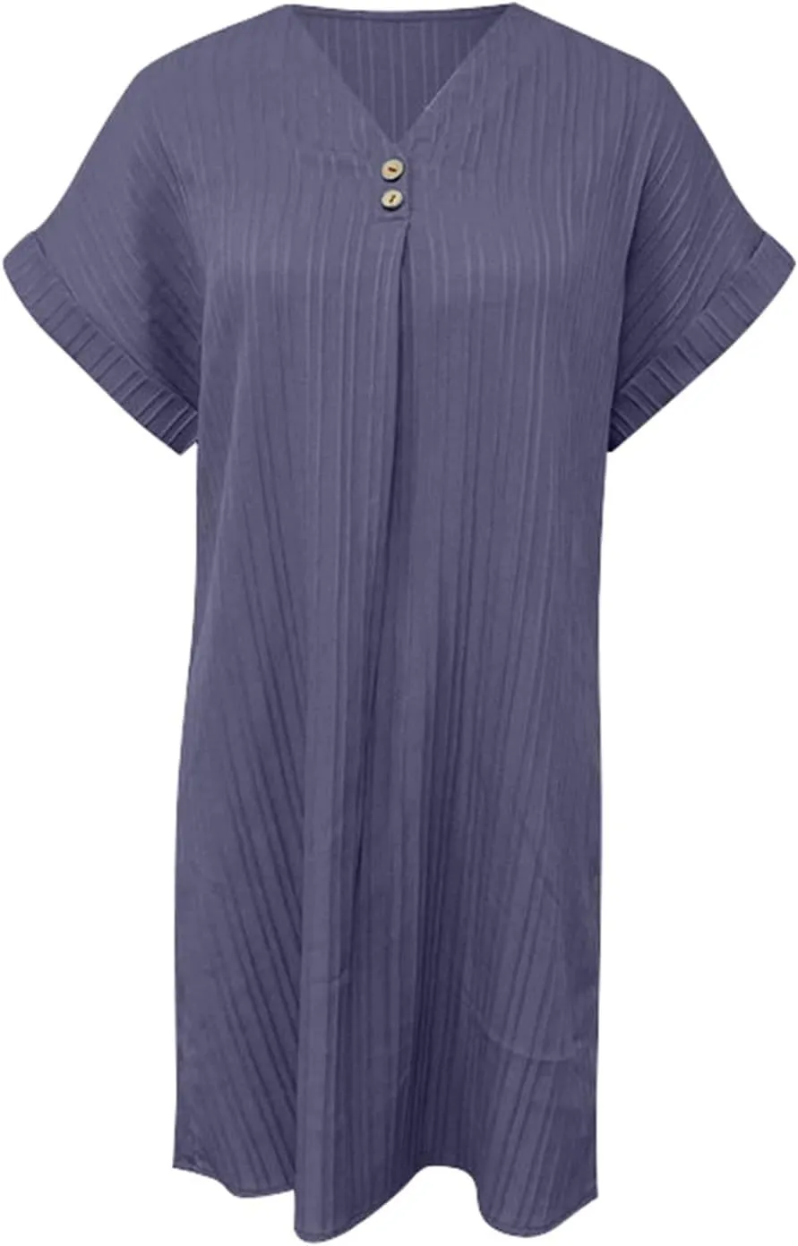Womens Button Down Shirt Dresses Summer Cotton Linen Dress V-Neck Mini Dress Casual Short Sleeve Loose Tunic Dresses