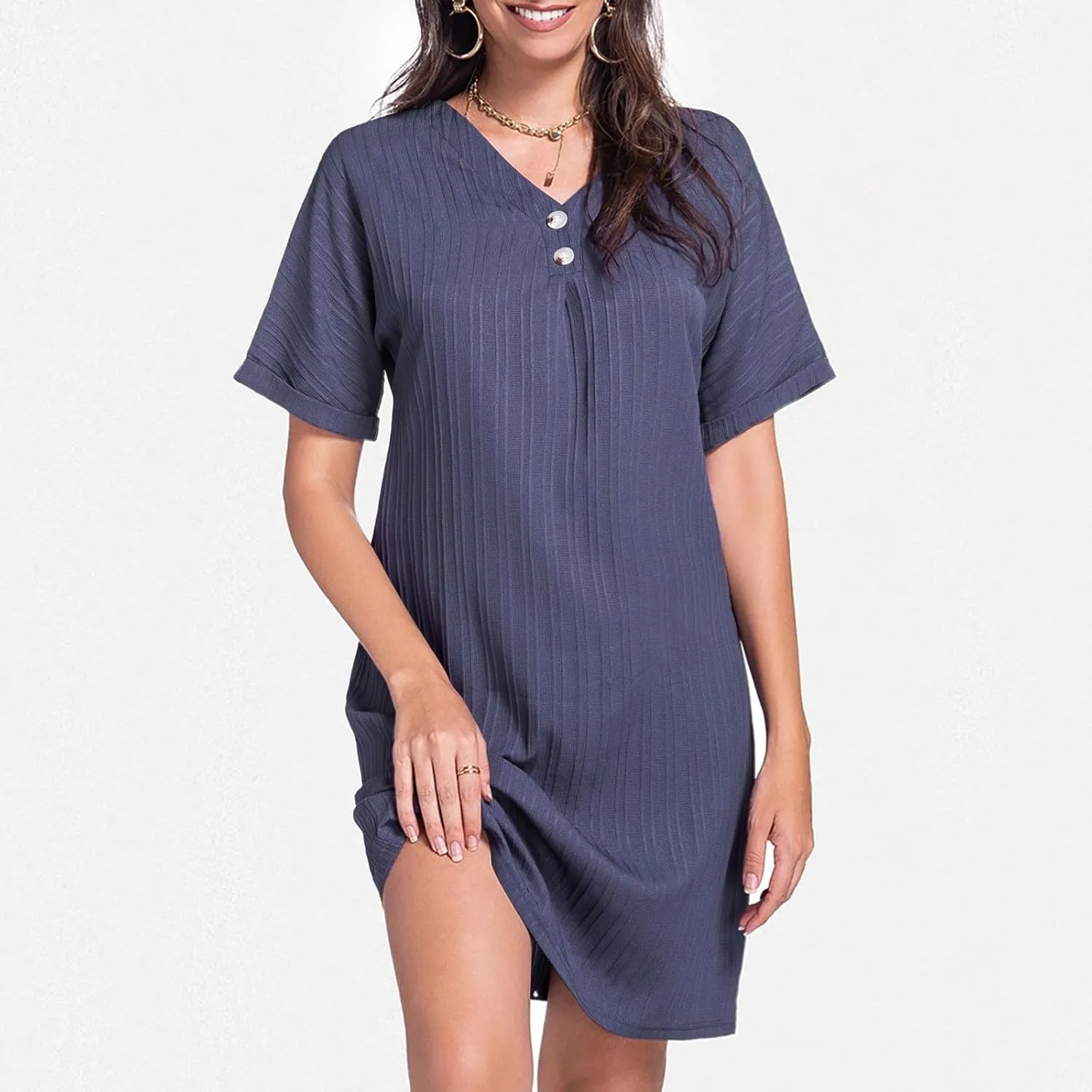 Womens Button Down Shirt Dresses Summer Cotton Linen Dress V-Neck Mini Dress Casual Short Sleeve Loose Tunic Dresses