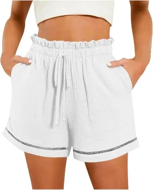 Womens Casual Shorts Cotton High Waist 2024 Solid Color Beach Cruise Shorts Comfy Loose Fit Summer Lounge Pants with Pockets