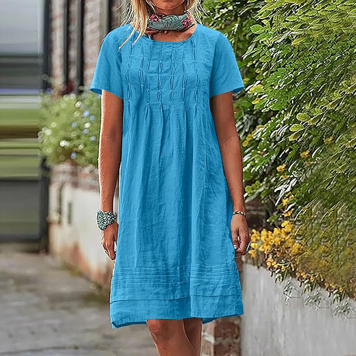Womens Cotton Linen Midi Dress Summer Solid Color Short Sleeve Crew Neck T-Shirt Plus Size Flowy Beach Dress