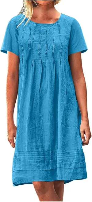 Womens Cotton Linen Midi Dress Summer Solid Color Short Sleeve Crew Neck T-Shirt Plus Size Flowy Beach Dress