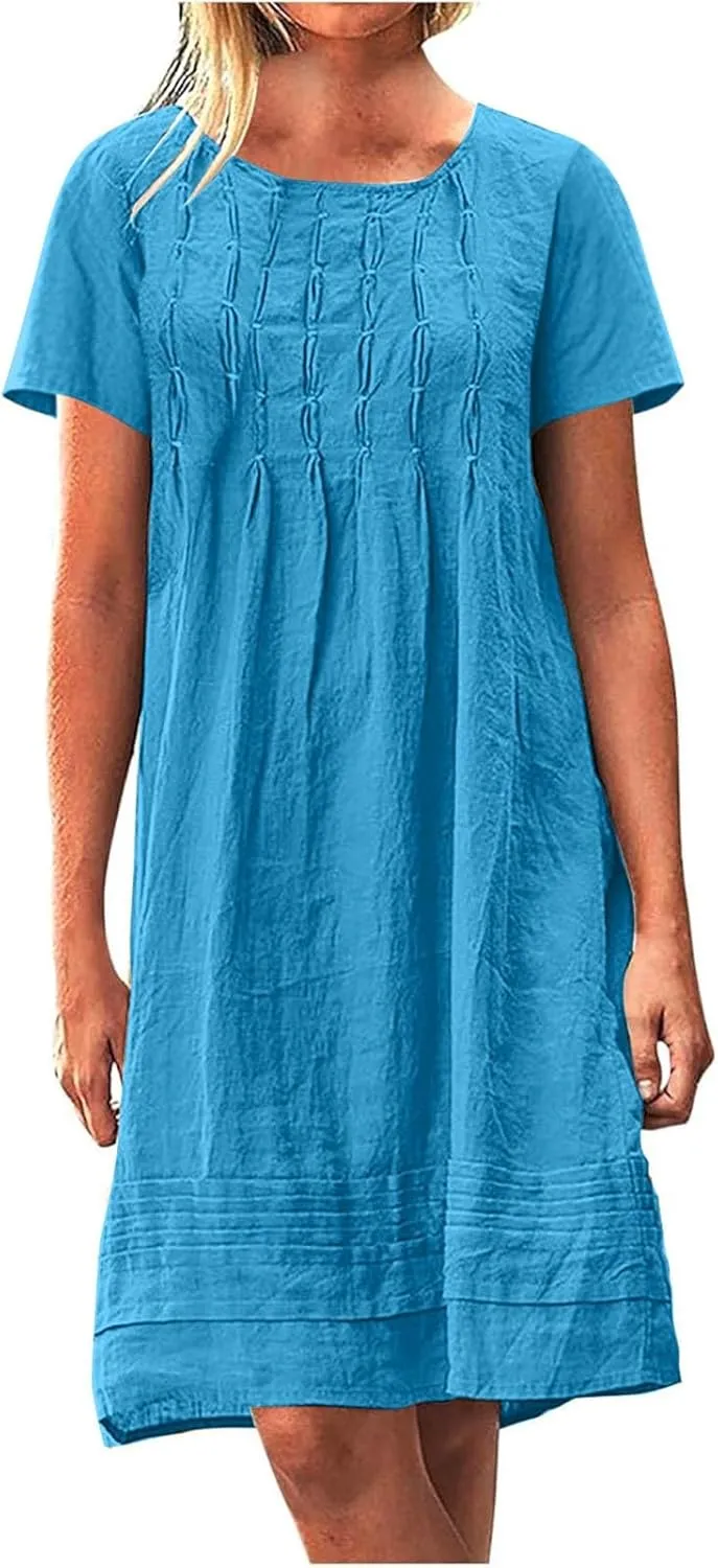 Womens Cotton Linen Midi Dress Summer Solid Color Short Sleeve Crew Neck T-Shirt Plus Size Flowy Beach Dress