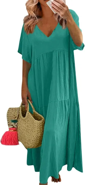 Women's Cruise Outfits 2025 Casual Trendy Loose Short Sleeve V-Neck Solid Color Flowy Maxi Dress Plus Size, S-5XL