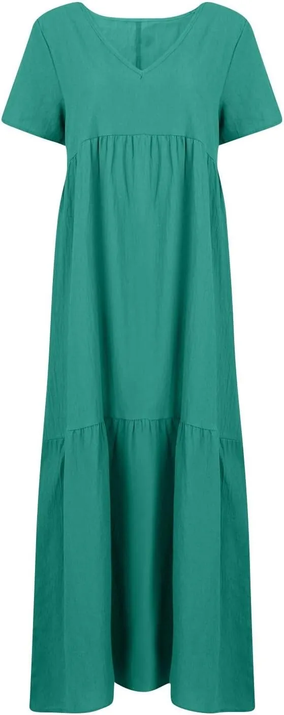 Women's Cruise Outfits 2025 Casual Trendy Loose Short Sleeve V-Neck Solid Color Flowy Maxi Dress Plus Size, S-5XL