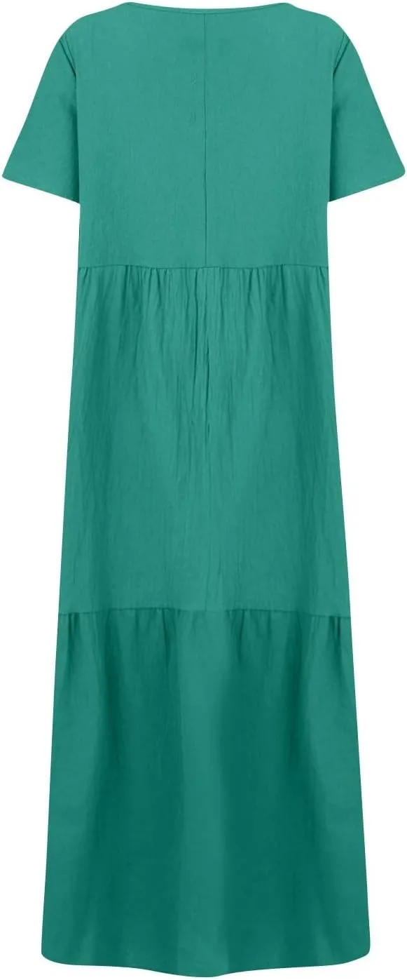 Women's Cruise Outfits 2025 Casual Trendy Loose Short Sleeve V-Neck Solid Color Flowy Maxi Dress Plus Size, S-5XL