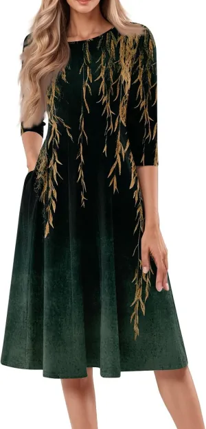 Women's Cruise Outfits 2025 Summer Casual Loose Trendy 3/4 Sleeve Floral Print Midi Dress Plus Size, S-3XL