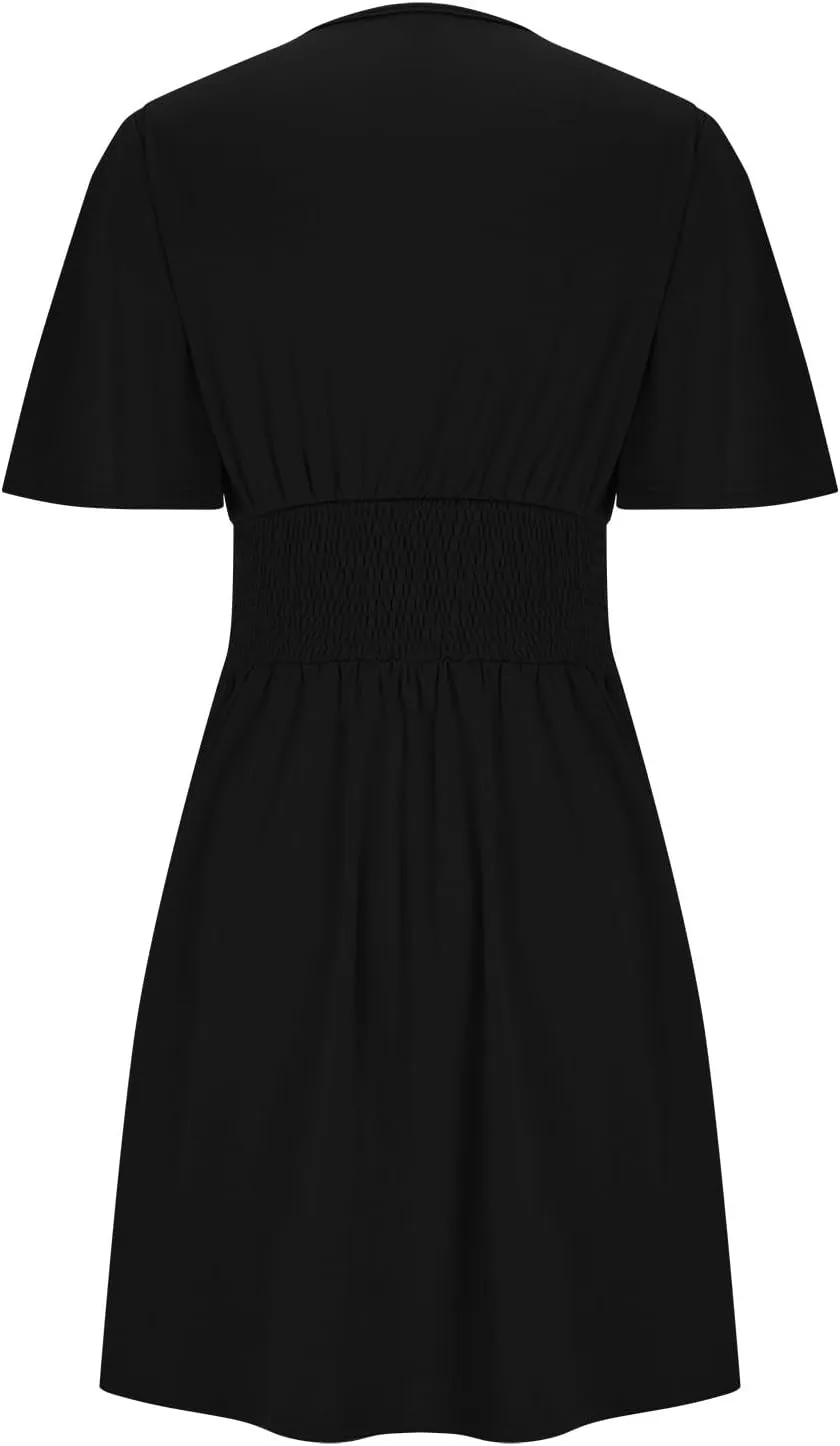 Women's Dress 2025 Summer Deep V Neck Elegant Ruffle Mini Dress Dresses Plain Wrap Ruched High Waist Flared A Line Dresses