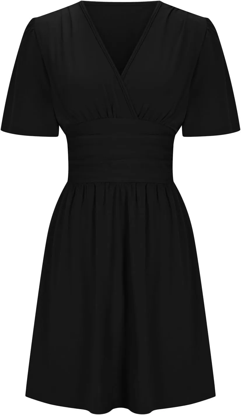 Women's Dress 2025 Summer Deep V Neck Elegant Ruffle Mini Dress Dresses Plain Wrap Ruched High Waist Flared A Line Dresses