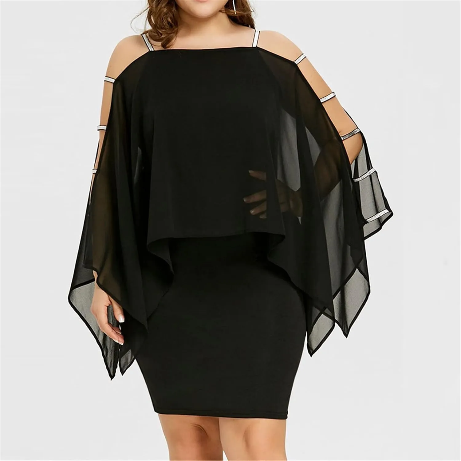 Women's Plus Size Cocktail Dresses for Curvy Cutout Bat Sleeve Chiffon Cape Strapless Bodycon Dress, XL-5XL