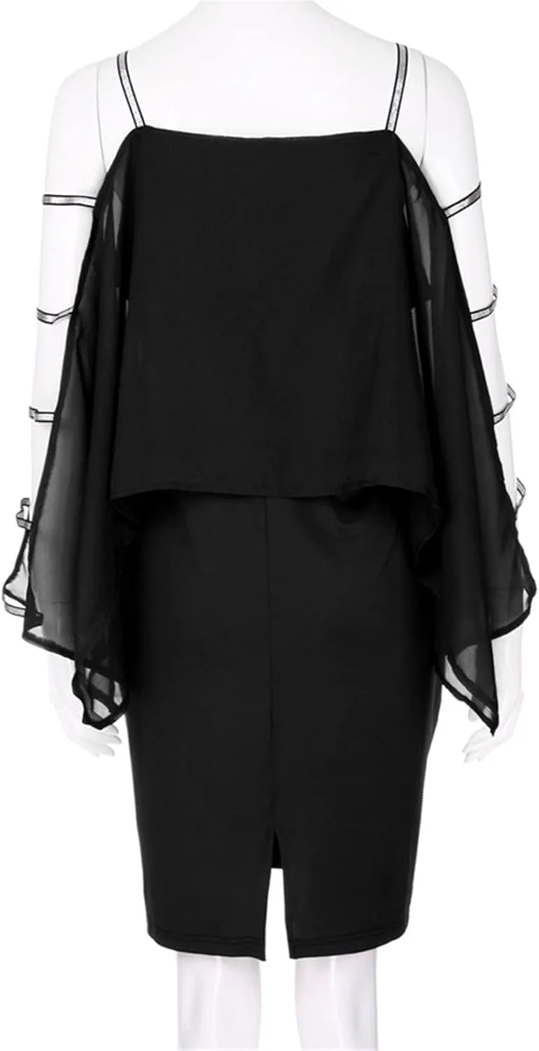Women's Plus Size Cocktail Dresses for Curvy Cutout Bat Sleeve Chiffon Cape Strapless Bodycon Dress, XL-5XL