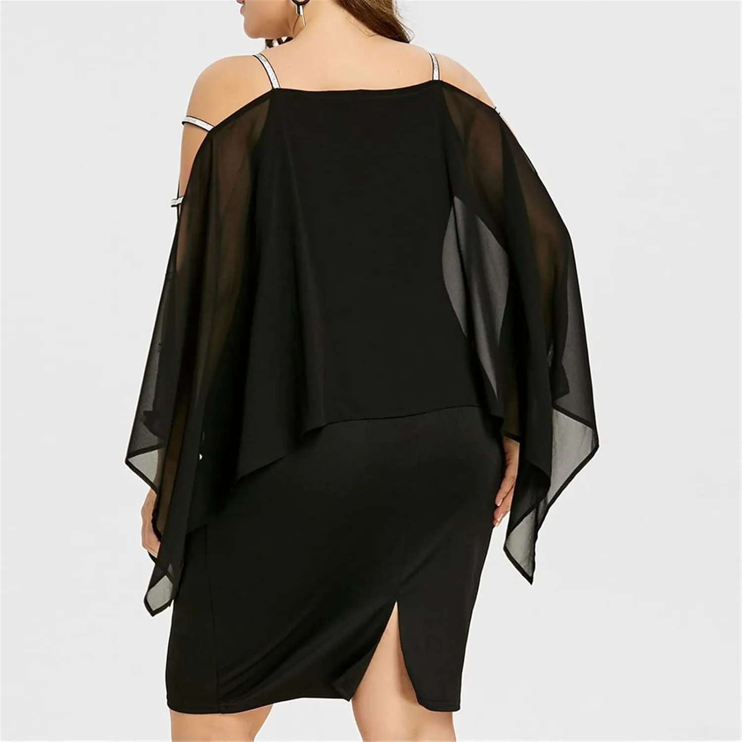 Women's Plus Size Cocktail Dresses for Curvy Cutout Bat Sleeve Chiffon Cape Strapless Bodycon Dress, XL-5XL