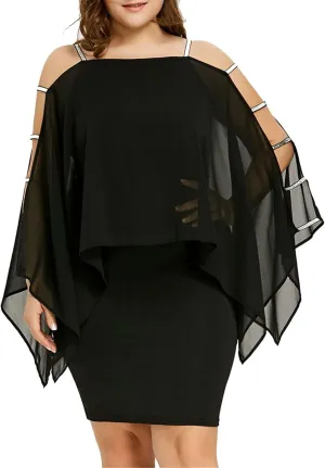 Women's Plus Size Cocktail Dresses for Curvy Cutout Bat Sleeve Chiffon Cape Strapless Bodycon Dress, XL-5XL